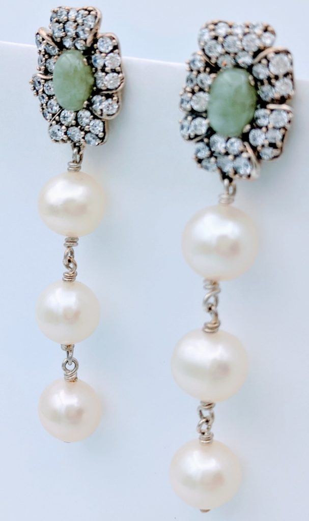Drop Pearl Earrings w Jade Stone and CZ Flower Pedals