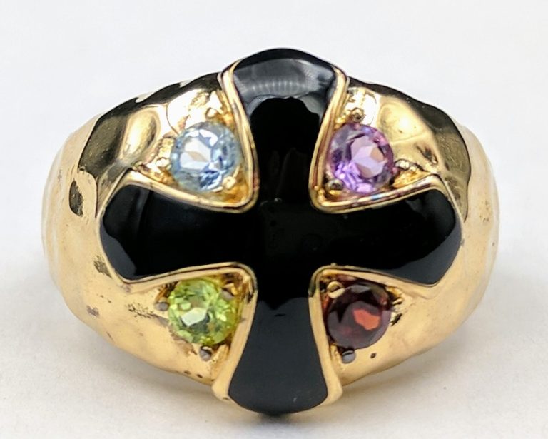 Gold Tone Cross Ring w Multi Colored Gemstones