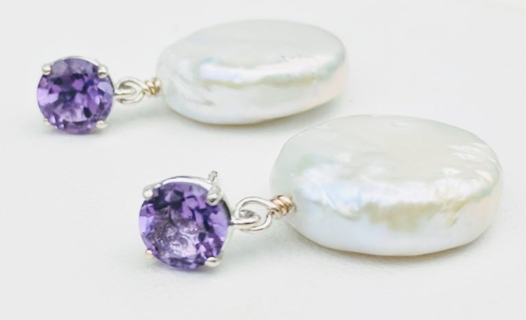 Natural Coin Pearl Earrings w Amethyst Stones