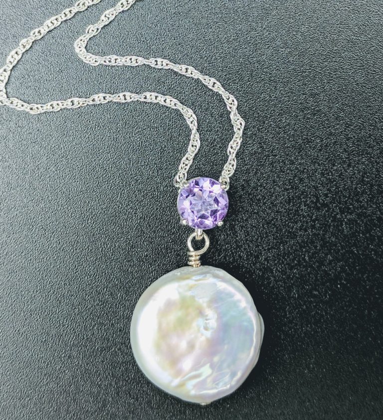 Natural Coin Pearl Necklace w Amethyst Stone