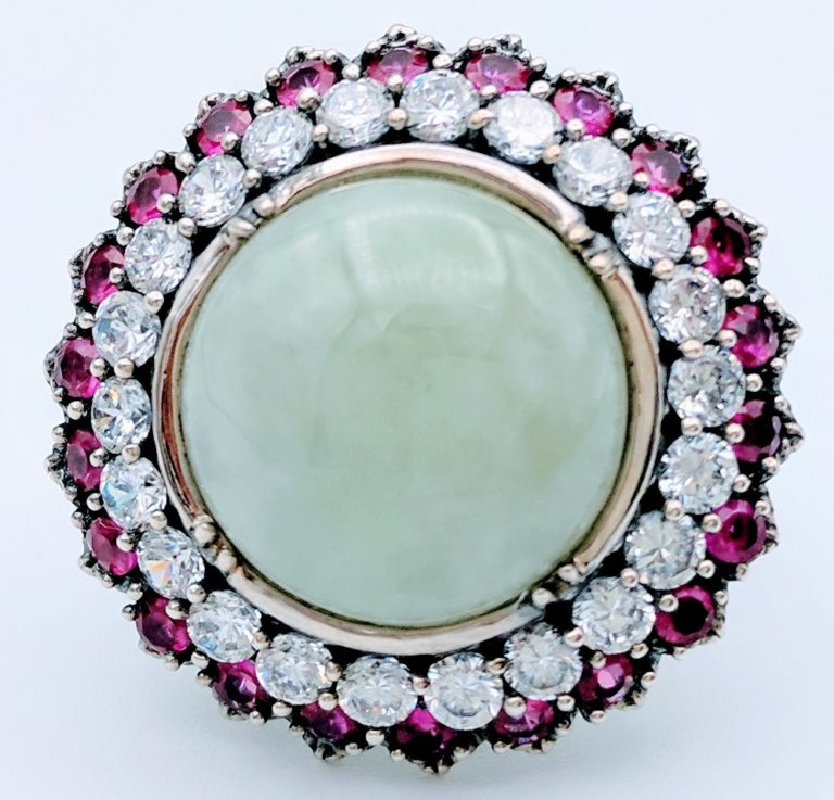 Jade Ring Dressed w/ CZ and Pink Saphire Stones