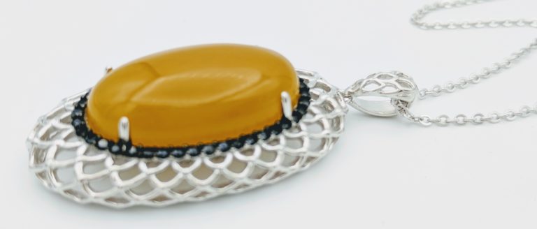 Yellow Jade Pendant and Necklace Outlined with Black Onyx Specs